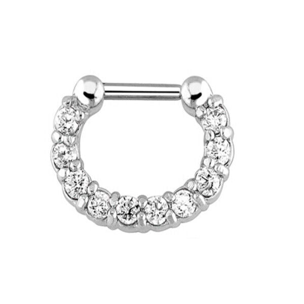 Crystal Zircon Stud Nose Ring Surgical Steel Bar Septum Hanger Clip Piercing 16g