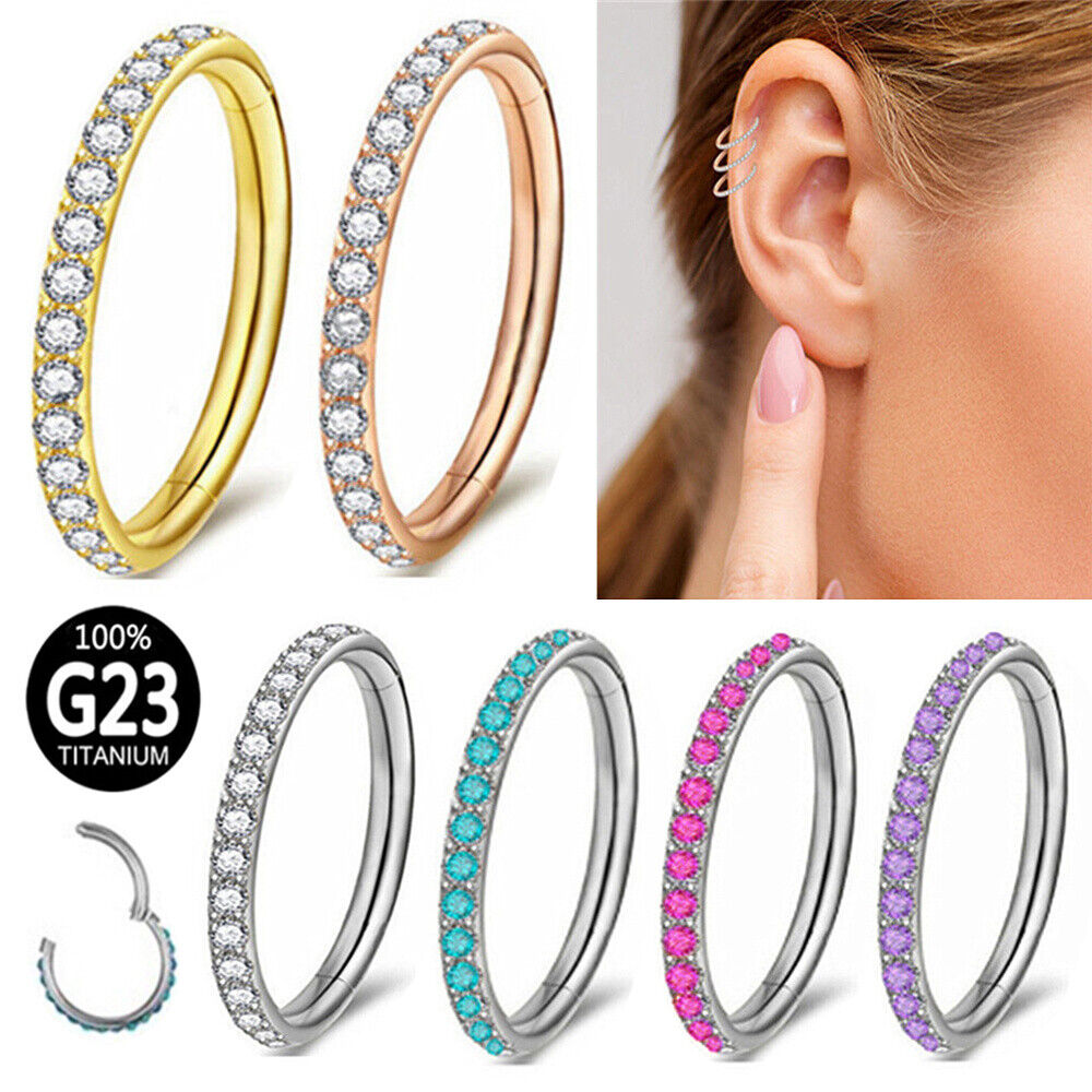 G23 Titanium Nose Ring Multi Zircon Hinge Septum Clicker Hoop Ear Body Piercing