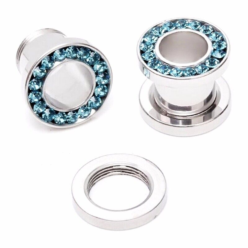 2pc Surgical Steel Crystal Screw Fit Gem Ear Stretcher Flesh Tunnel Plug Gauge