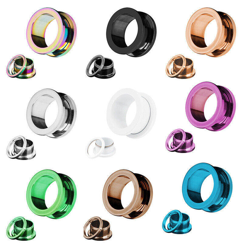 Pair Surgical Steel Silver Gold Screw Flesh Tunnel Ear Plug Polished Stretcher
