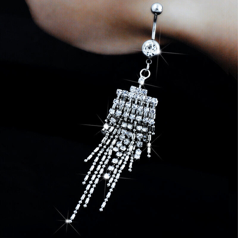 Multi Crystal Tassel Barbell Belly Bar Ring Button Dangle Navel Body Piercing