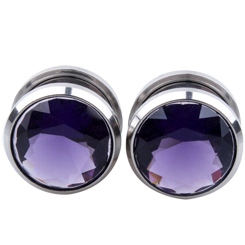 2PC Surgical Steel Zircon Crystal Screw Fit Flesh Tunnel Gauge Ear Plug Expander