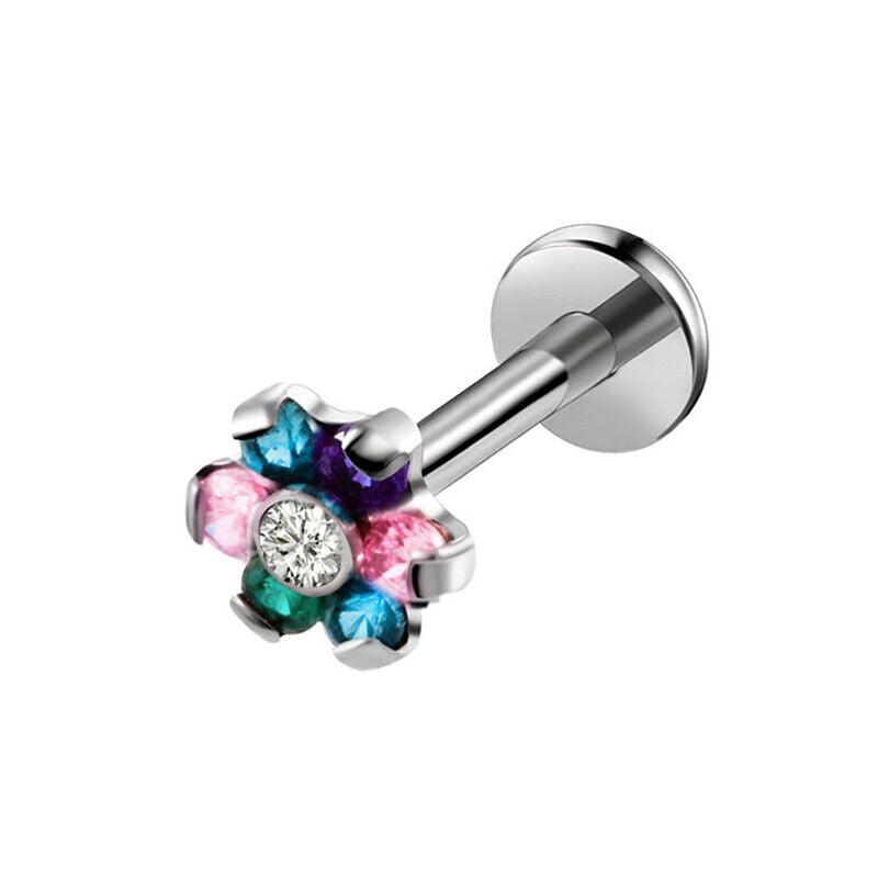 Multi Zircon Flower Internally Threaded Labret Lip Bar Stud Tragus Ear Piercing