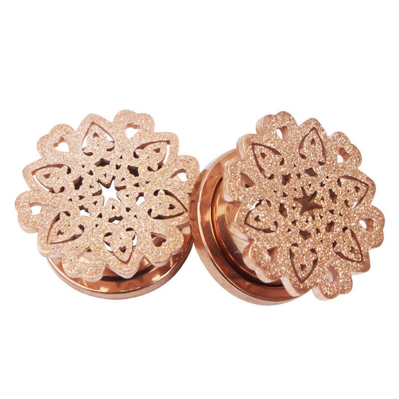 2X Steel Flesh Tunnel Frosted Flower Tree Ear Plug Stretcher Screw Fit 6mm-16mm