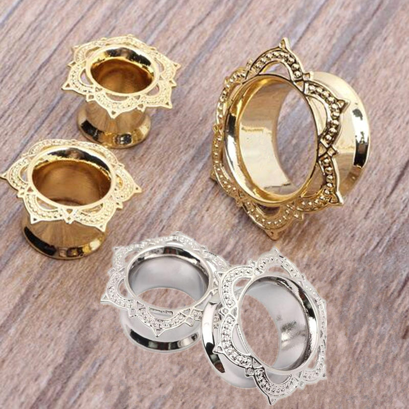 Pair Copper + Silver / Gold Lotus Flower Ear Plug Flesh Tunnel Gauge Stretcher