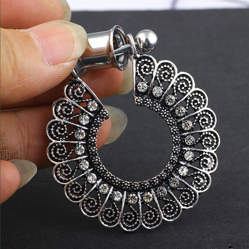 2X Steel Boho Dangle Crystal Peacock Flesh Tunnel Double Flared Ear Plug Trumpet