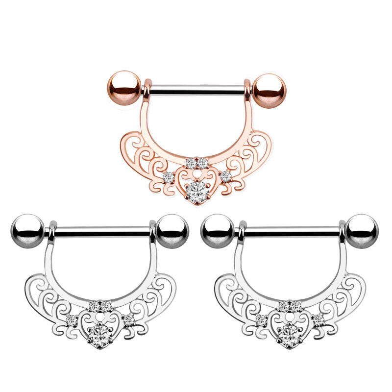 Pair Crystal Gem Nipple Ring Surgical Steel Zircon Piercing Bar Shield Piercing