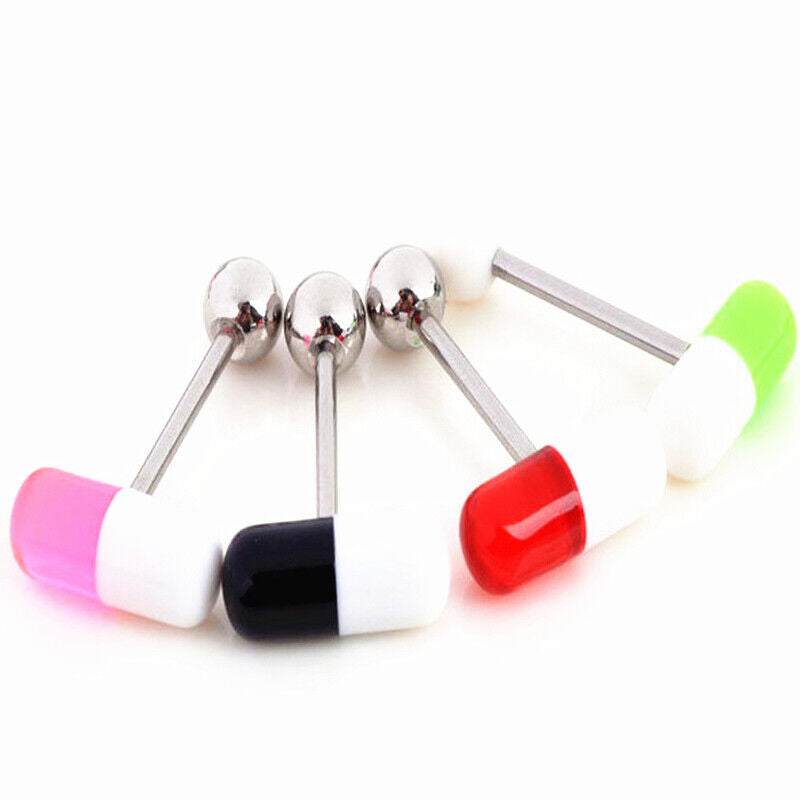 10-30X Acrylic Pill Capsule Surgical Steel Barbell Tongue Bar Ring Stud Piercing
