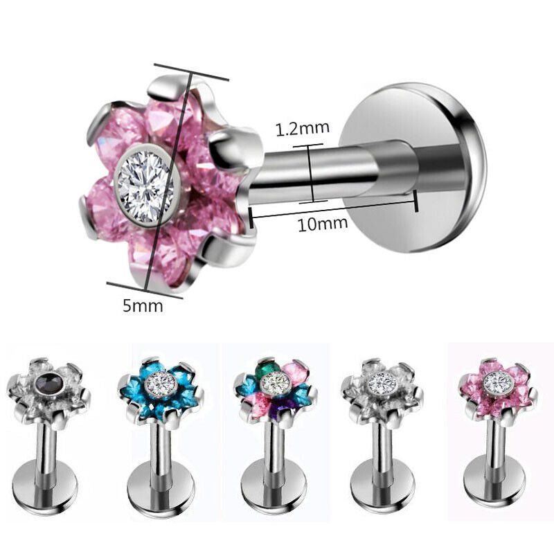 Multi Zircon Flower Internally Threaded Labret Lip Bar Stud Tragus Ear Piercing