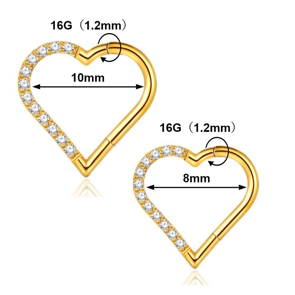G23 Titanium Steel Love Heart Nose Ring Zircon Hinge Septum Hoop Ear Piercing
