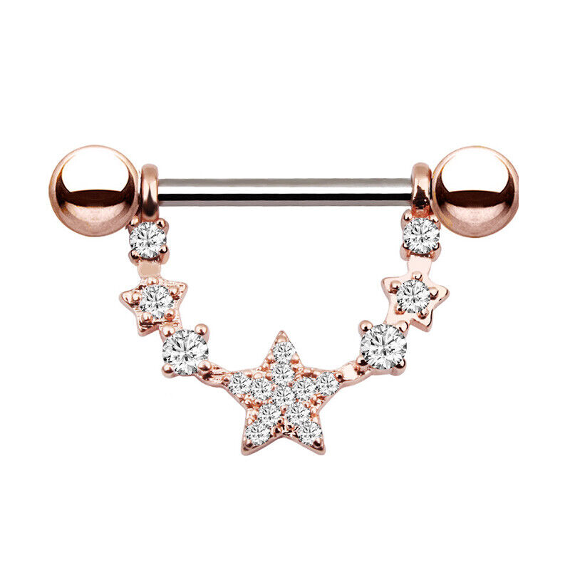 Pair Crystal Gem Nipple Ring Surgical Steel Zircon Piercing Bar Shield Piercing