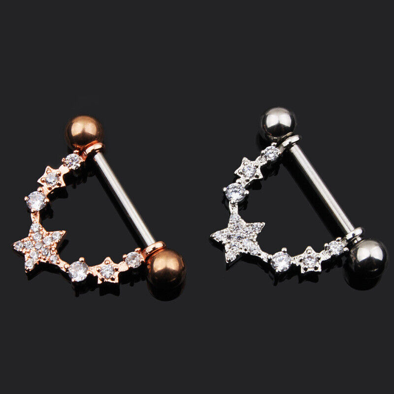 Pair Crystal Gem Nipple Ring Surgical Steel Zircon Piercing Bar Shield Piercing