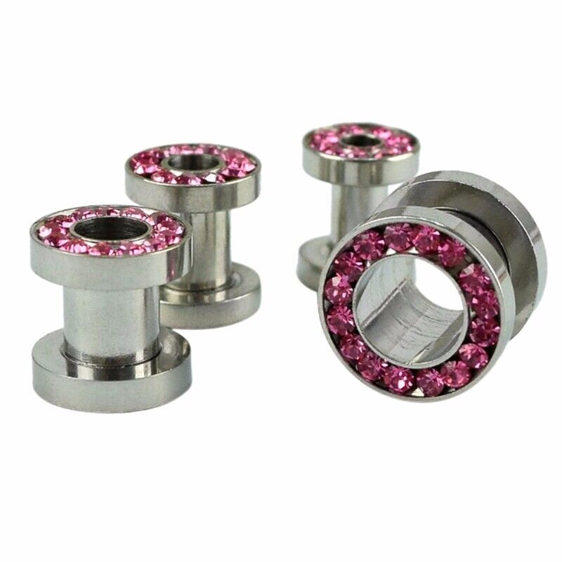 2pc Surgical Steel Crystal Screw Fit Gem Ear Stretcher Flesh Tunnel Plug Gauge