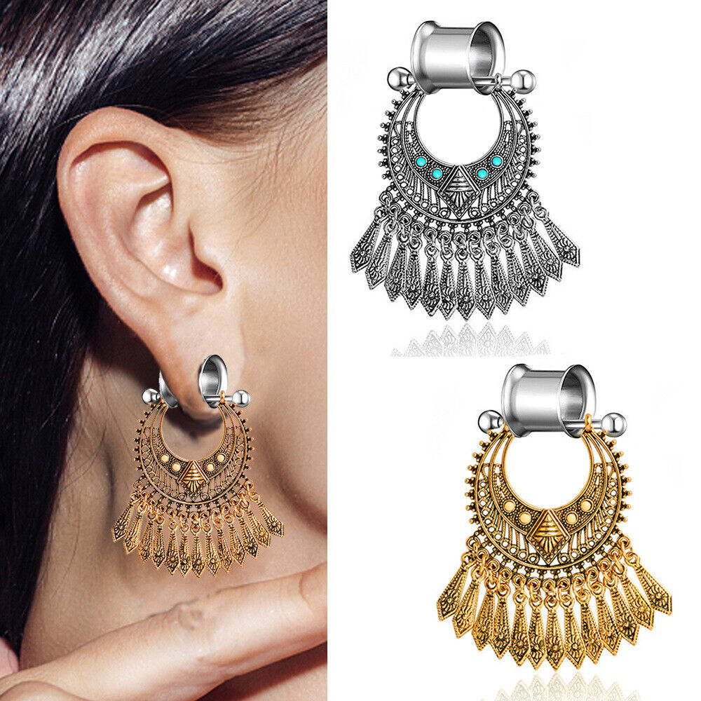 1 Pair Flesh Tunnel Boho Bohemia Floral Dangle Ear Plug Double Flared Stretcher
