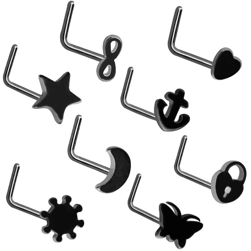 8pc Set 20g Black Silver Rose Gold Heart Star Nose Stud Ring Piercing Jewellery