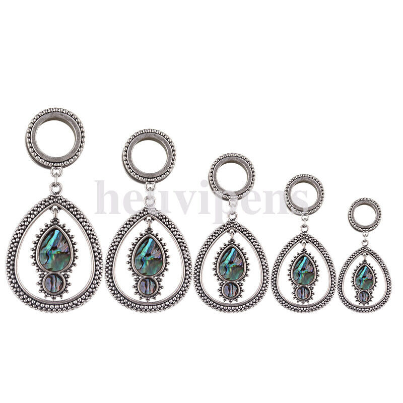 Pair Steel Feather Tassel Chain Dangle Screw Fit Flesh Tunnel Ear Plug Shell Gauge