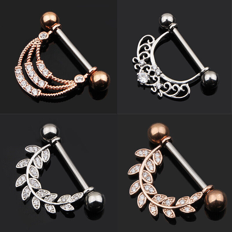 Pair Crystal Gem Nipple Ring Surgical Steel Zircon Piercing Bar Shield Piercing