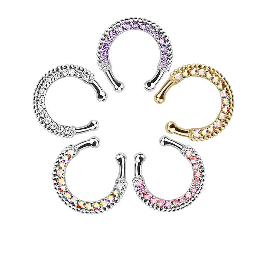 Crystal Zircon Stud Nose Ring Surgical Steel Bar Septum Hanger Clip Piercing 16g
