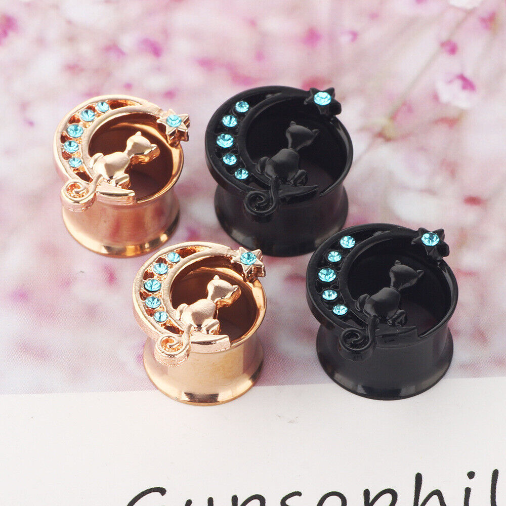 1 Pair Rose Gold Steel Cat Flesh Tunnel Ear Plug Saddle Flared Gauge Expander