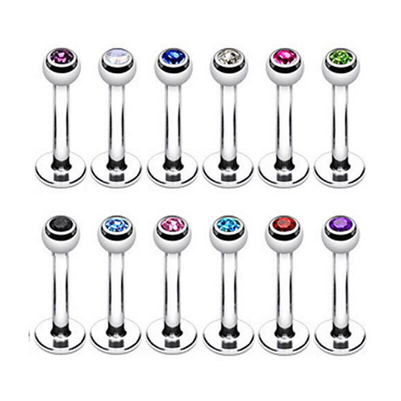 10pc Surgical Steel Zircon Gem Labret Monroe Lip Rings Bar Stud Piercing Jewelry