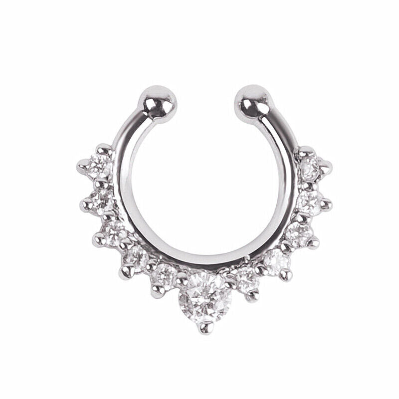 Crystal Zircon Stud Nose Ring Surgical Steel Bar Septum Hanger Clip Piercing 16g