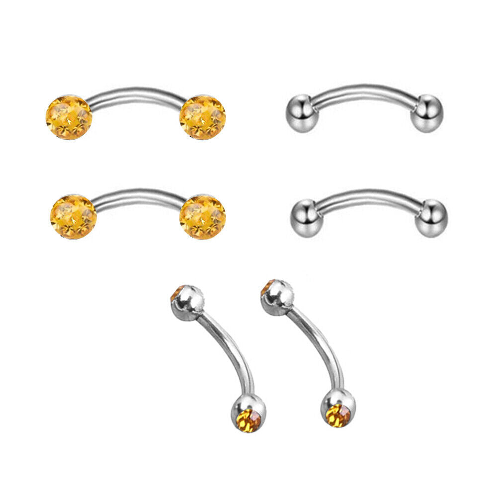 6pc Varies Bar Length Steel Crystal Barbell Curved Eyebrow Ring Ear Piercing Set