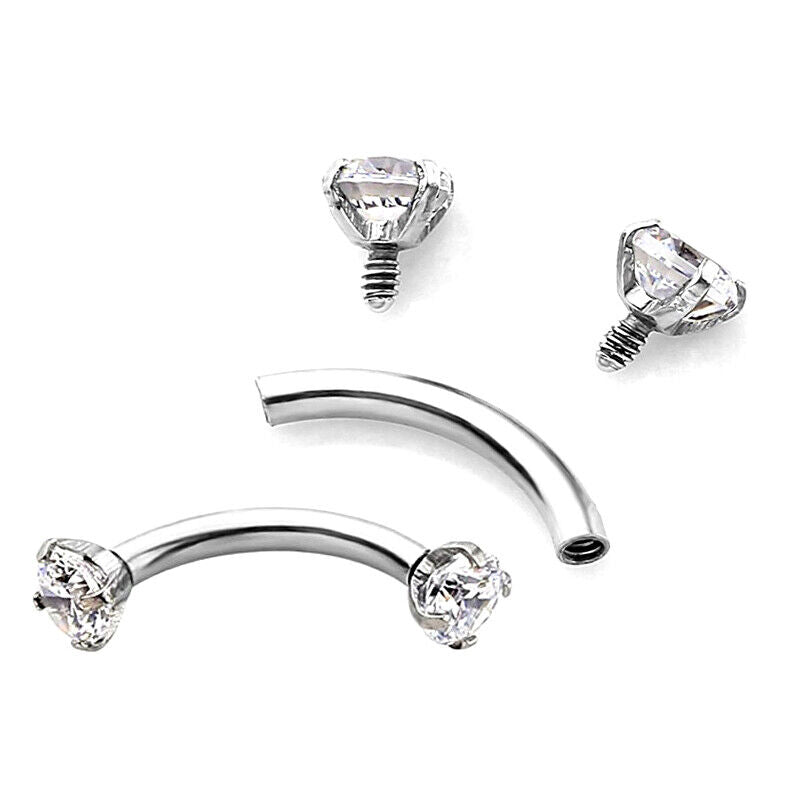 2X Zircon Curved Eyebrow Bar Internally Threaded Barbell Ring Helix Ear Piercing