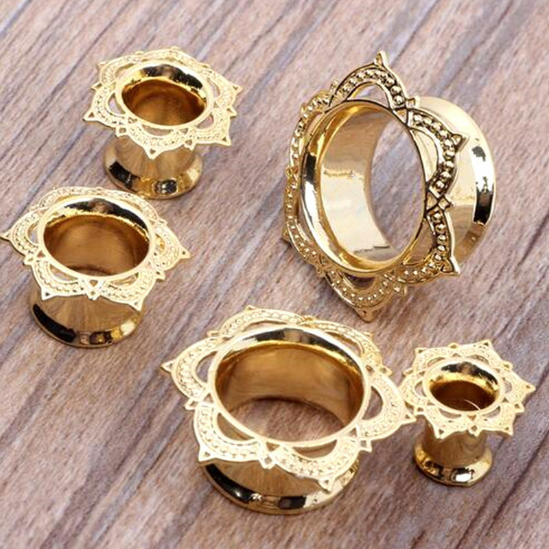 Pair Copper + Silver / Gold Lotus Flower Ear Plug Flesh Tunnel Gauge Stretcher