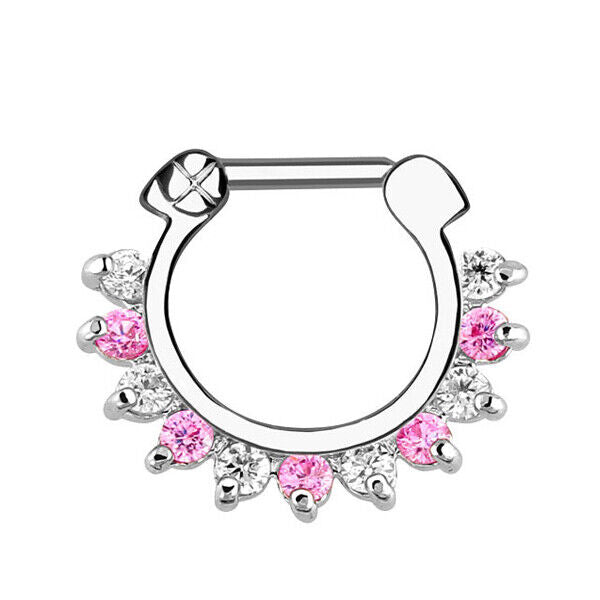 Crystal Zircon Stud Nose Ring Surgical Steel Bar Septum Hanger Clip Piercing 16g