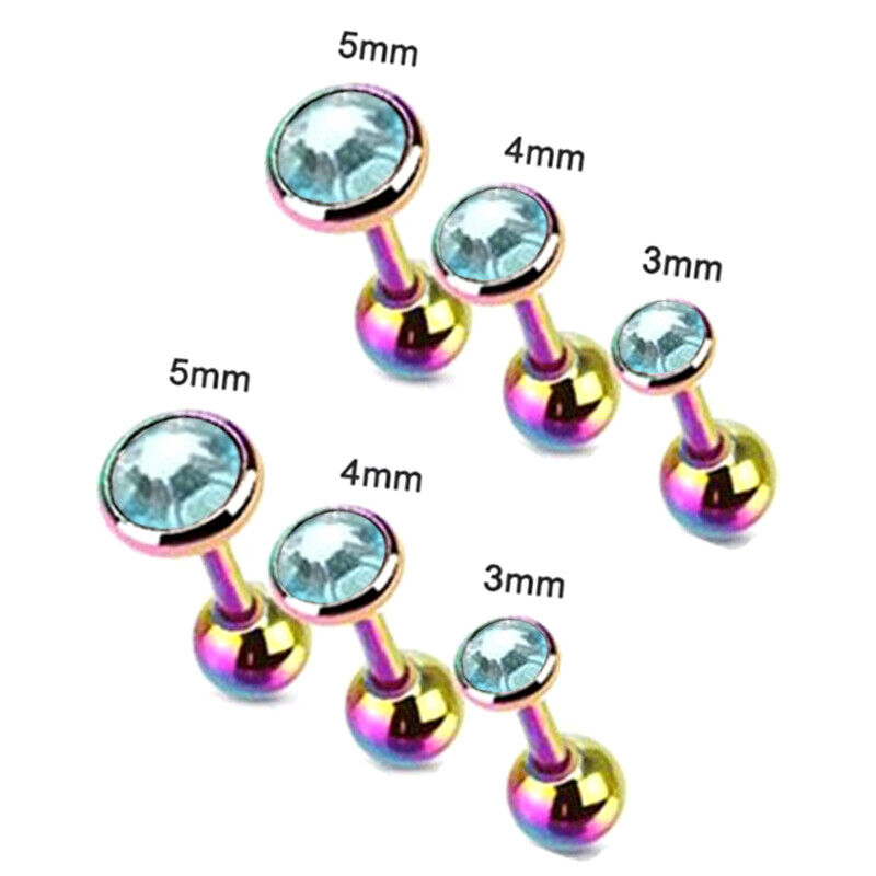 6pcs Flat Gem Multicolour Cartilage Upper Ear Stud Set Tragus Helix Top Piercing
