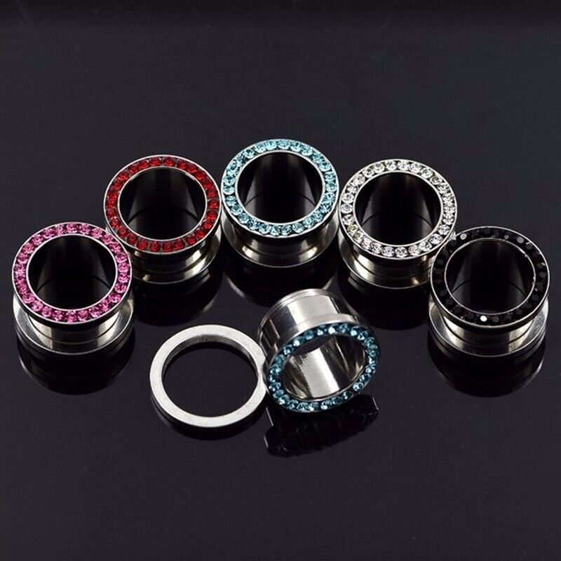 2pc Surgical Steel Crystal Screw Fit Gem Ear Stretcher Flesh Tunnel Plug Gauge