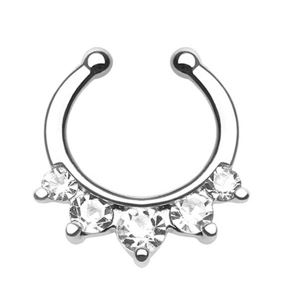 Crystal Zircon Stud Nose Ring Surgical Steel Bar Septum Hanger Clip Piercing 16g