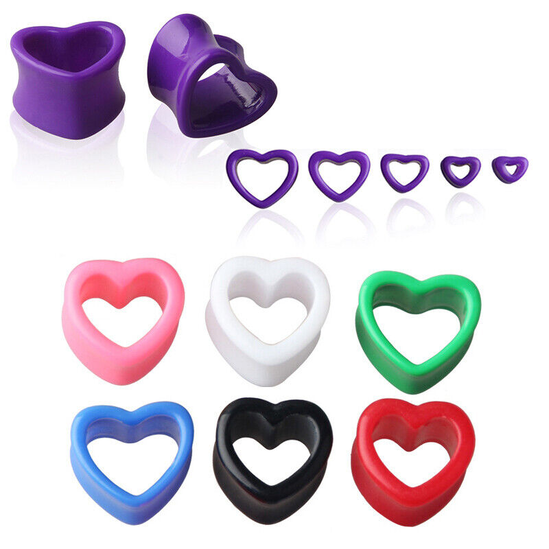 2pc Punk Acrylic Heart Double Flare Saddle Flesh Tunnel Ear Plug Gauge Stretcher