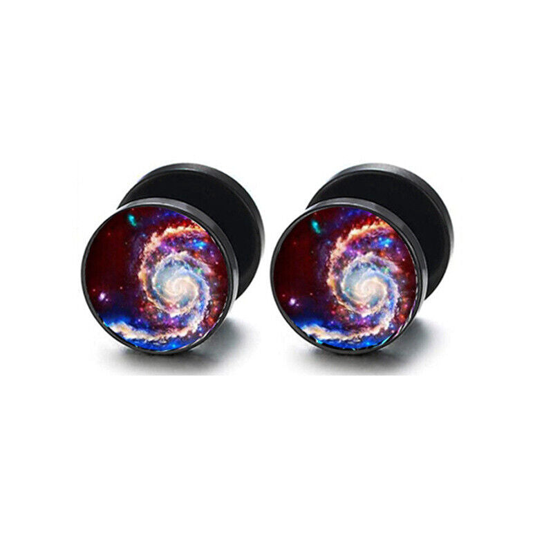 2pc Steel Multi Pattern Black Fake Ear Plug Flesh Tunnel Stud Earring Piercing