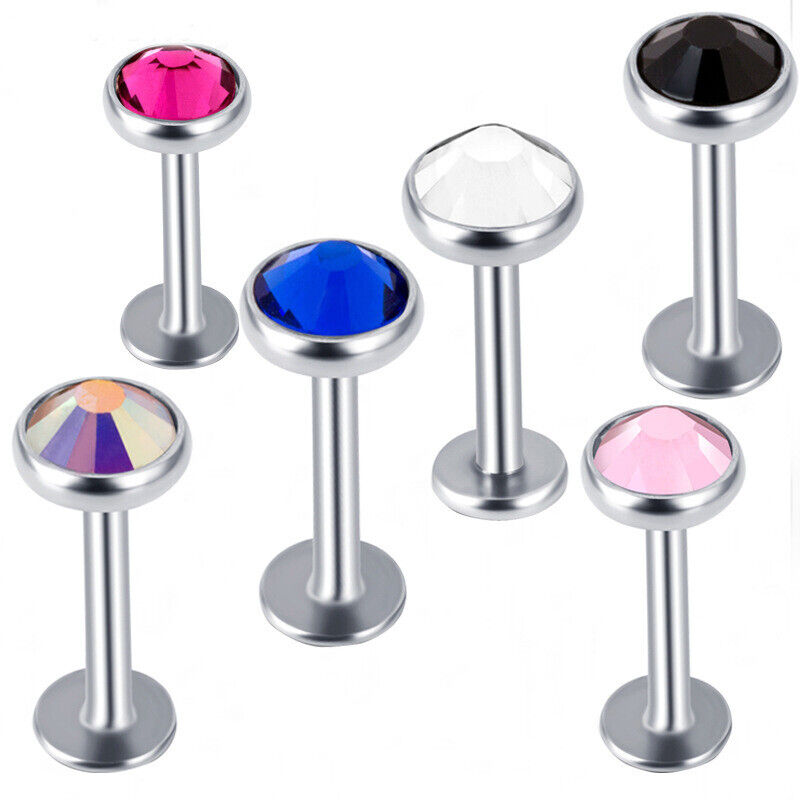 2pc Internally Threaded 3mm 4mm Crystal Ball Lip Bar Labret Tragus Stud Piercing