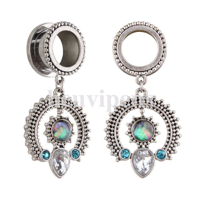 Pair Steel Feather Tassel Chain Dangle Screw Fit Flesh Tunnel Ear Plug Shell Gauge
