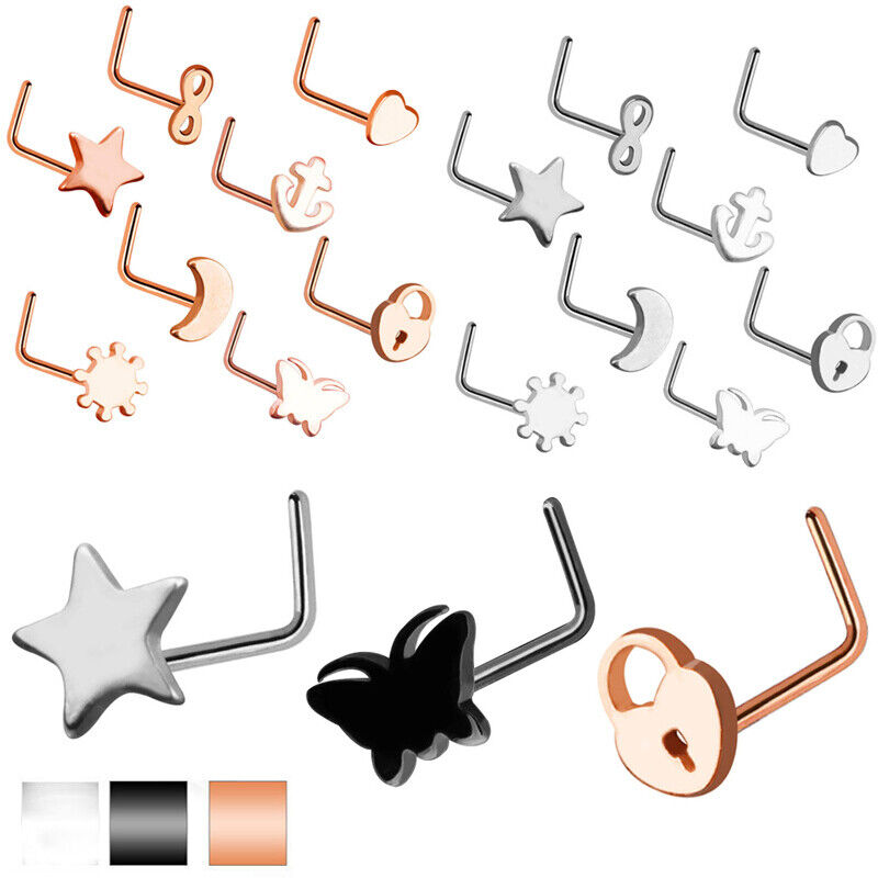 8pc Set 20g Black Silver Rose Gold Heart Star Nose Stud Ring Piercing Jewellery