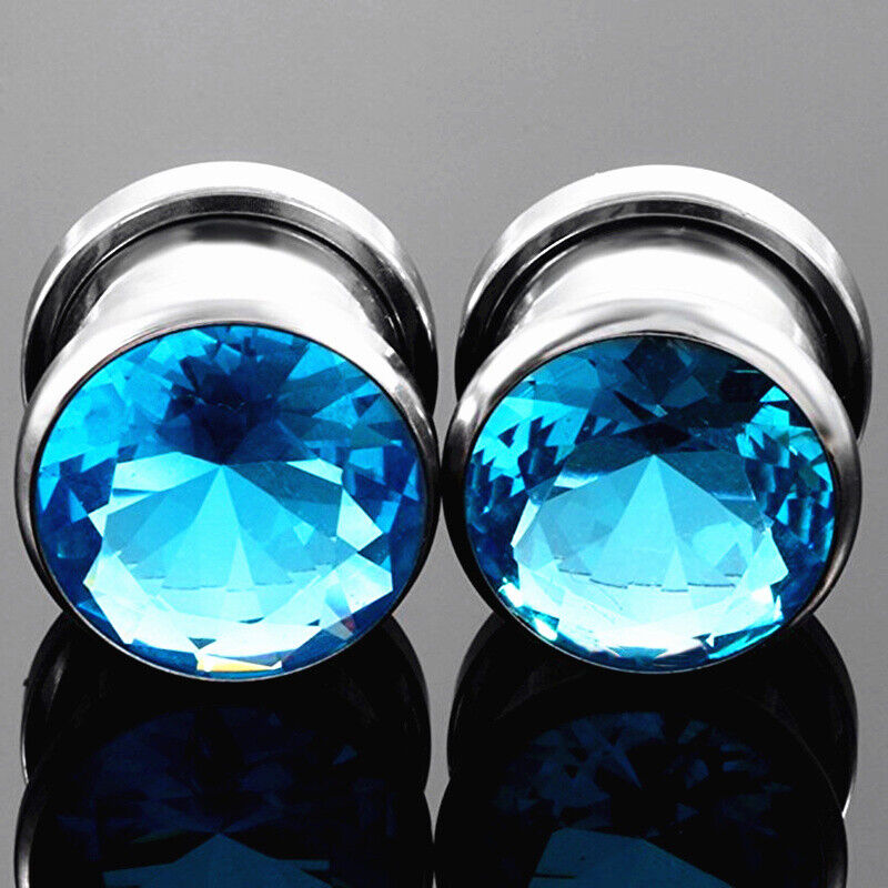 2PC Surgical Steel Zircon Crystal Screw Fit Flesh Tunnel Gauge Ear Plug Expander
