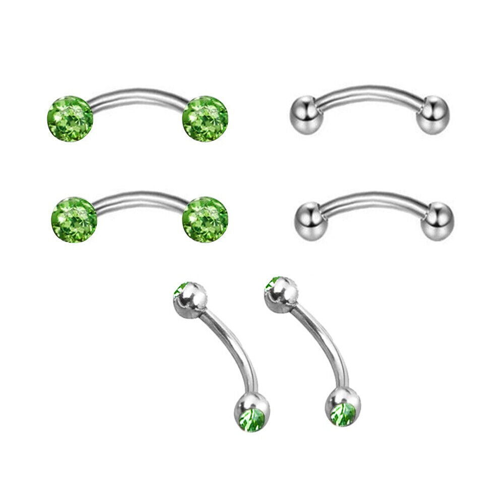 6pc Varies Bar Length Steel Crystal Barbell Curved Eyebrow Ring Ear Piercing Set