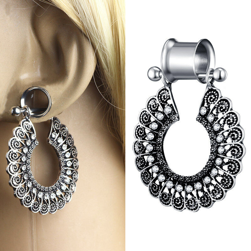 2X Steel Boho Dangle Crystal Peacock Flesh Tunnel Double Flared Ear Plug Trumpet