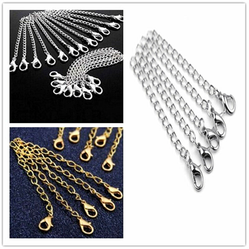 10pc Silver Gold DIY Necklace Extender Extension Chain 75mm / 3" with Clasp Hook