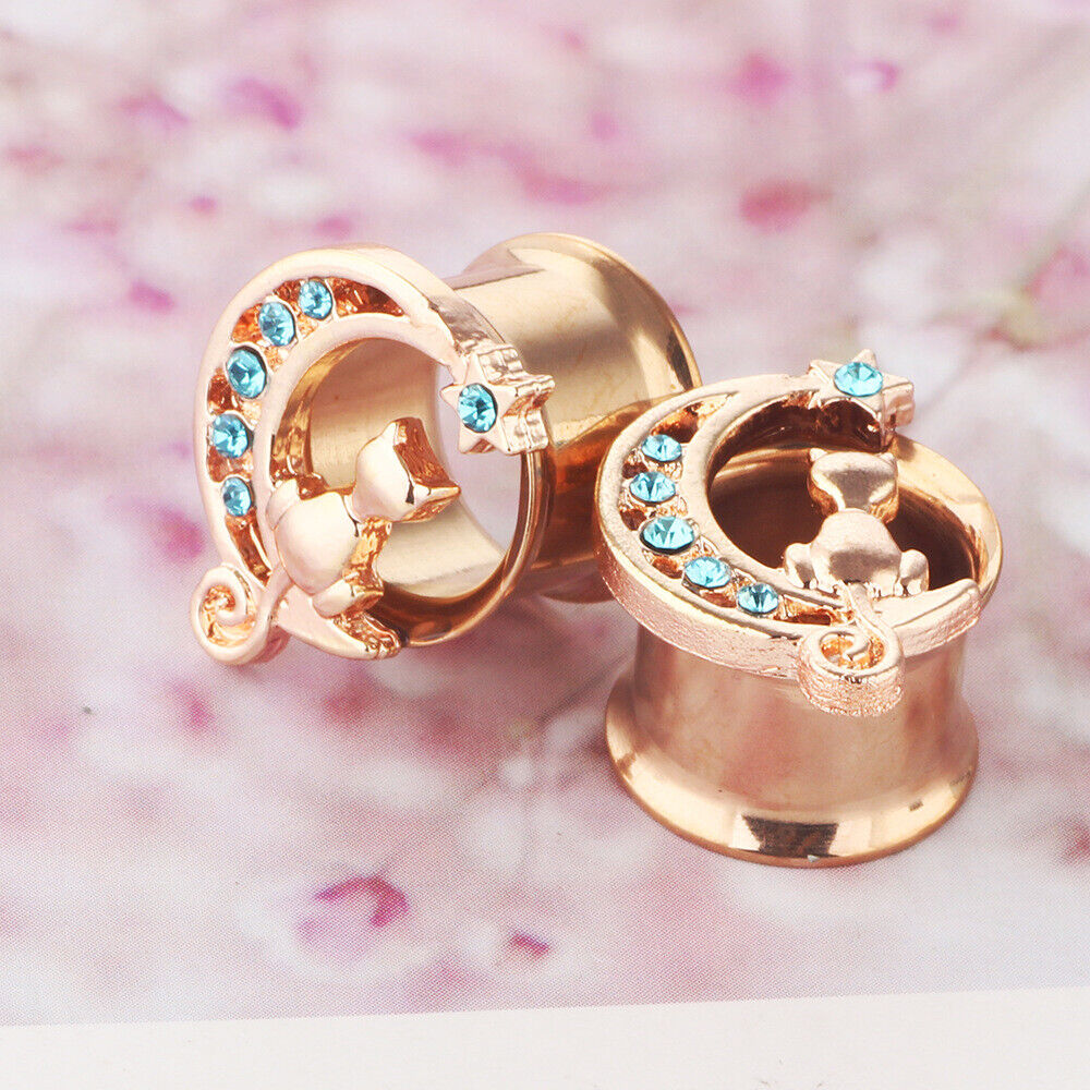1 Pair Rose Gold Steel Cat Flesh Tunnel Ear Plug Saddle Flared Gauge Expander