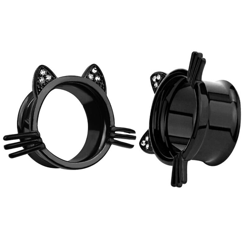 2pc Flesh Tunnel Crysal Silver Black Rose Gold Cat Ear Plug Stretcher Trumpet