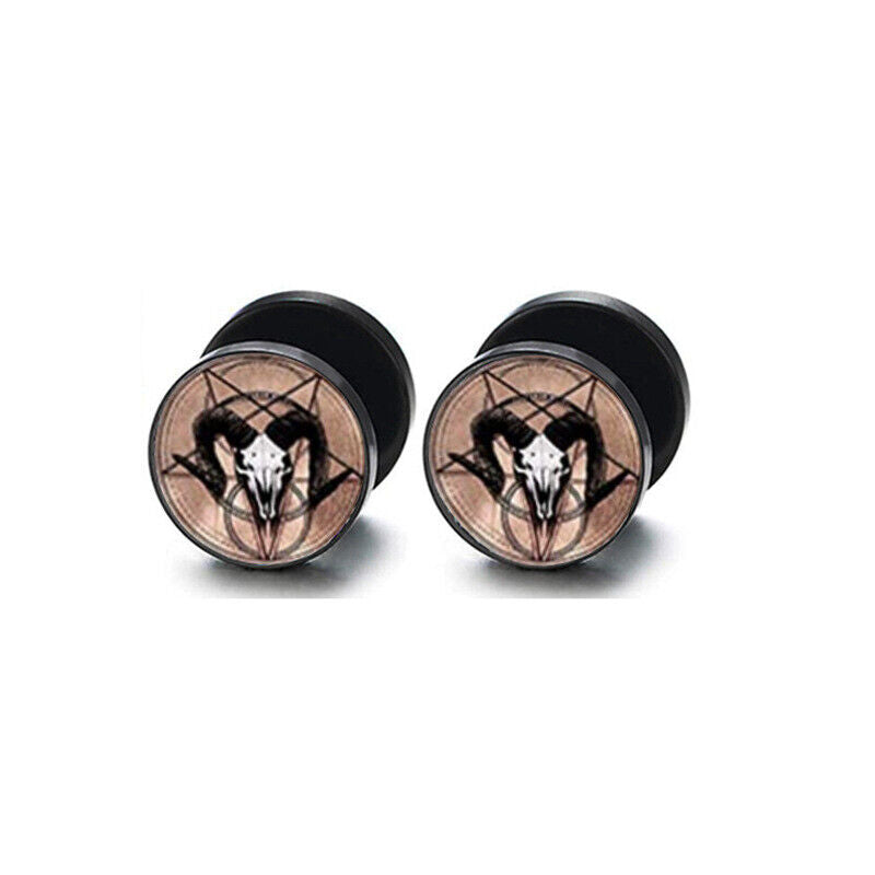 2pc Steel Multi Pattern Black Fake Ear Plug Flesh Tunnel Stud Earring Piercing