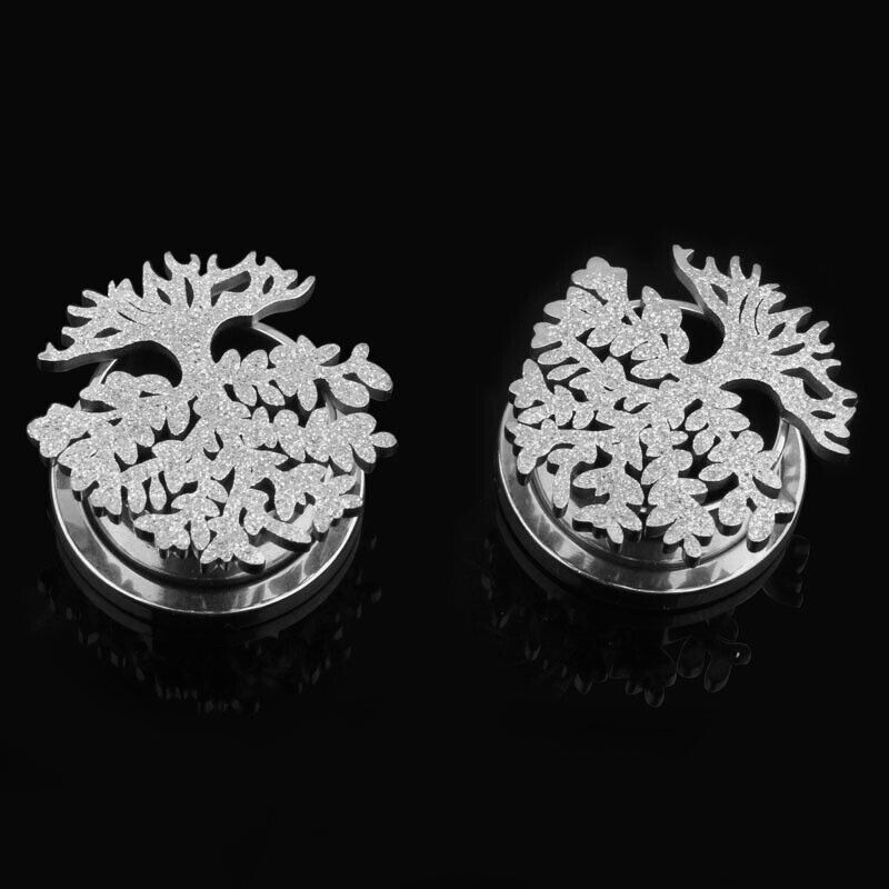 2X Steel Flesh Tunnel Frosted Flower Tree Ear Plug Stretcher Screw Fit 6mm-16mm