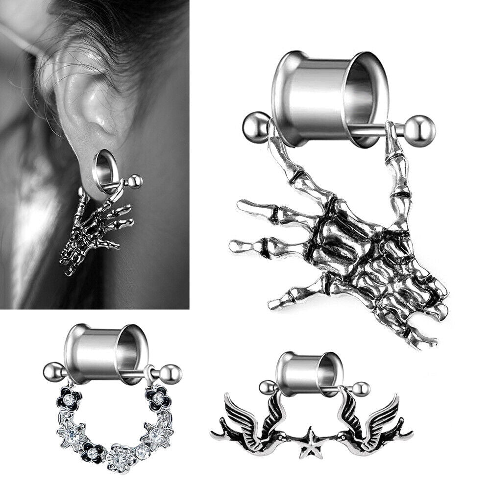 Pair Punk Skeleton Hand Crystal Tassel Dangle Flesh Tunnel Double Flare Ear Plug