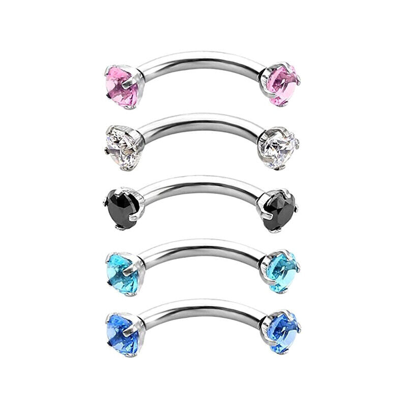 2X Zircon Curved Eyebrow Bar Internally Threaded Barbell Ring Helix Ear Piercing