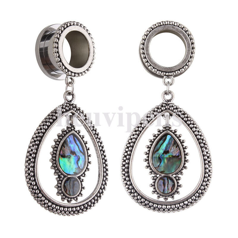 Pair Steel Feather Tassel Chain Dangle Screw Fit Flesh Tunnel Ear Plug Shell Gauge