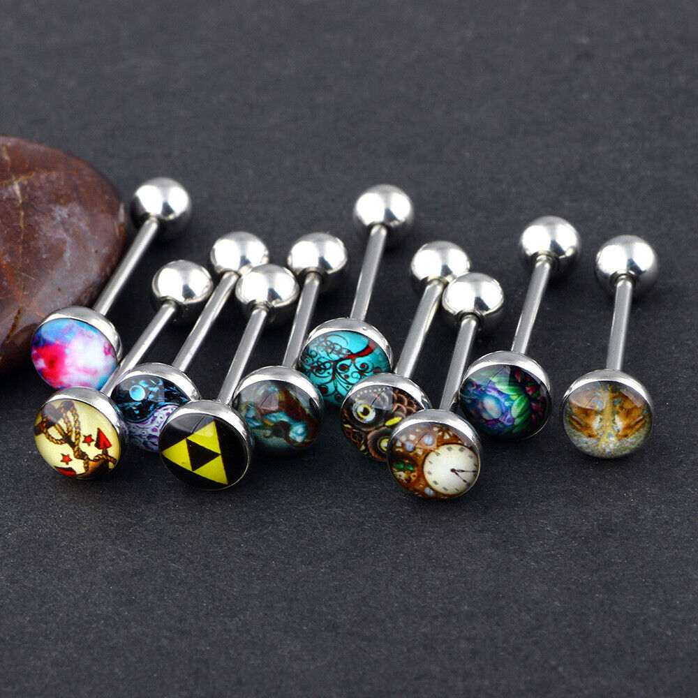 5/10/20X Mixed Pattern Logo Surgical Steel Tongue Bar Ring Ball Barbell Piercing