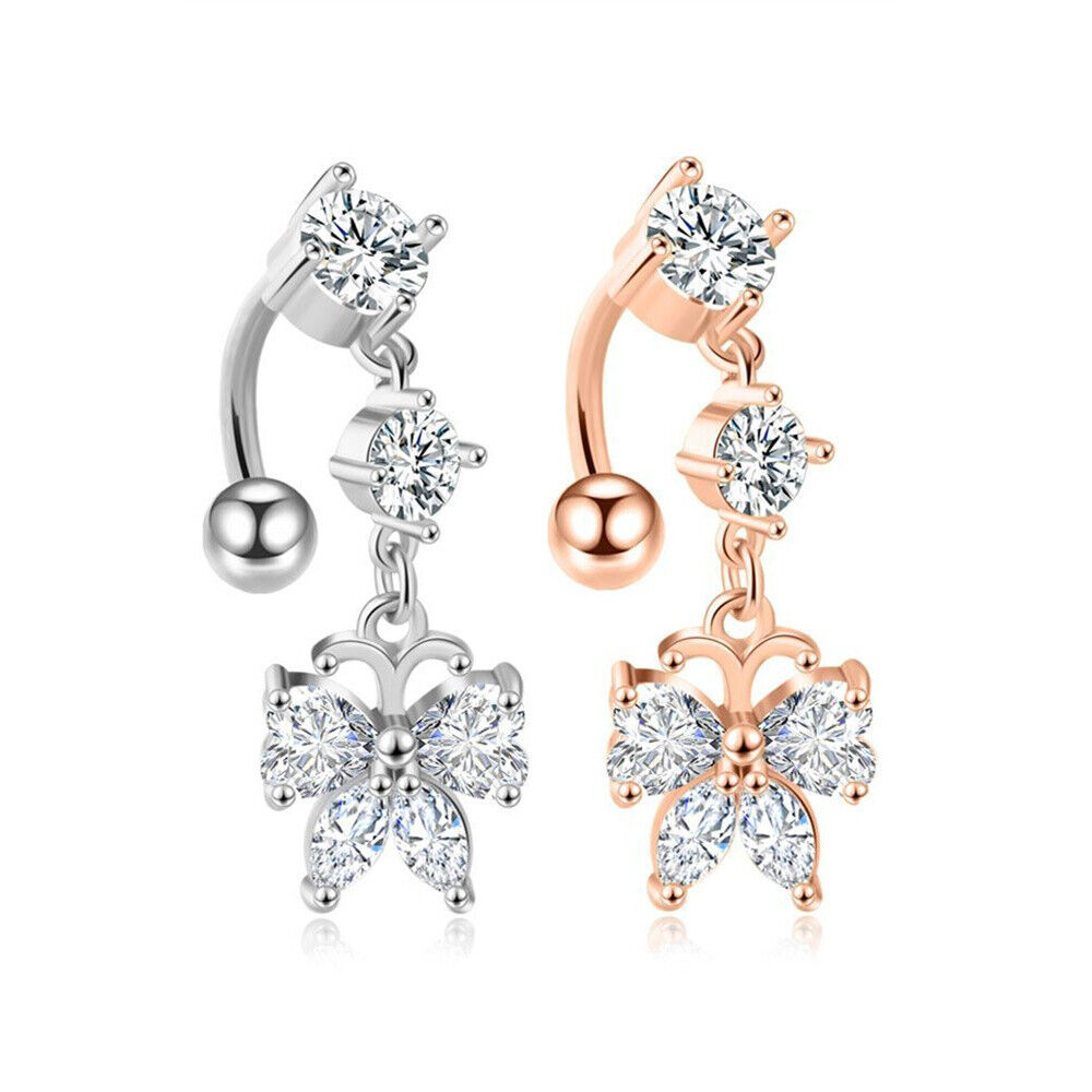 2pc Belly Bar Reverse Dangle Zircon Navel Button Ring Dangle Barbell Piercing